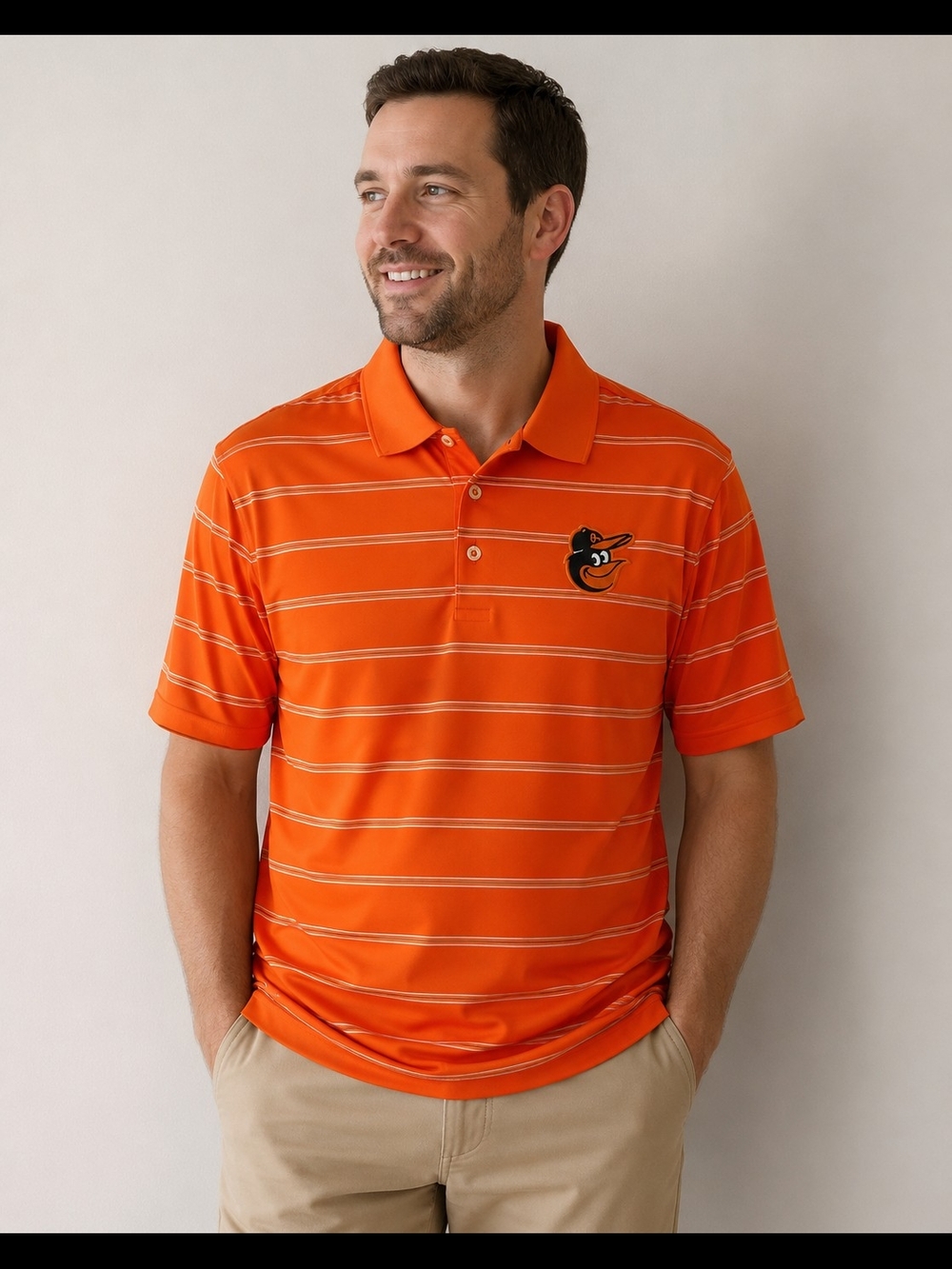 Antigua Baltimore Orioles Orange Striped Polo Shirt Men’s Large MLB Golf Perform